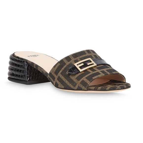 Fendi Black Brown Monogram Logo Backless Sandal Block Heel Mule Slide Pump 37.5 - Picture 3 of 12
